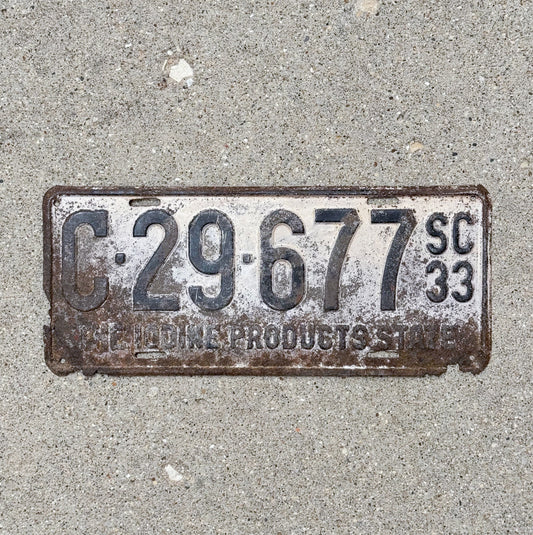 Photo of a 1933 South Carolina License Plate Auto Tag Garage Decor Vintage C 29 677 with original patina