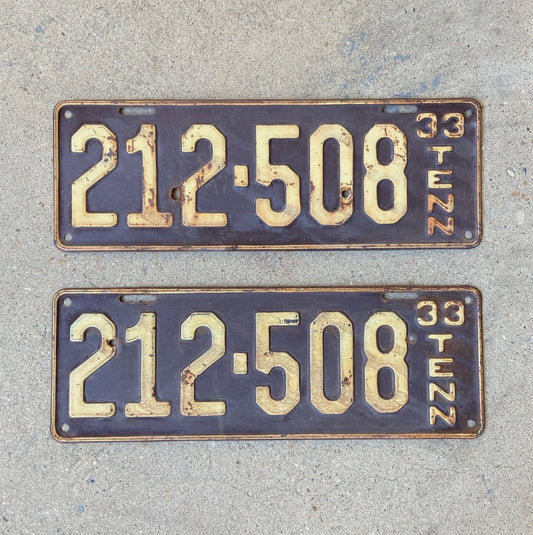 Photo of a 1933 Tennessee License Plate Pair Auto Tag Garage Decor Vintage 212 508 with original patina