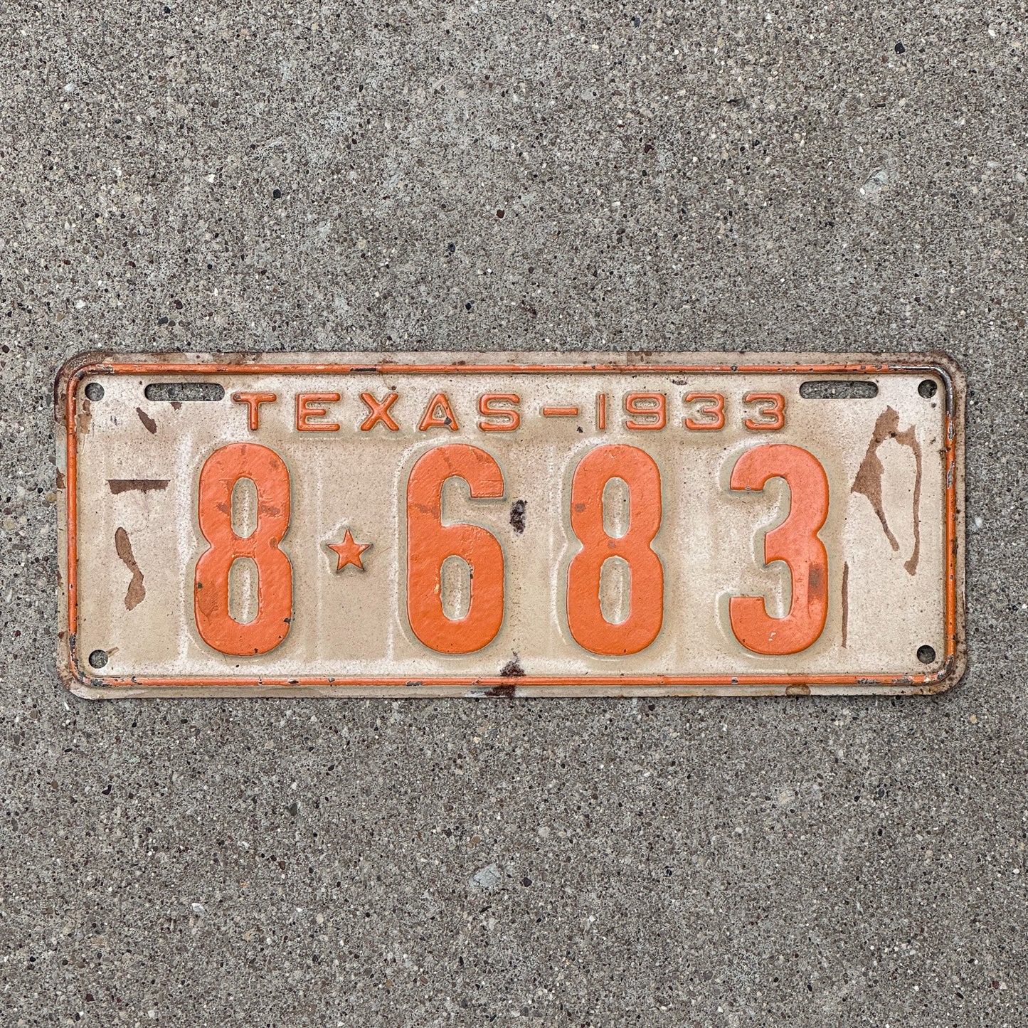 Photo of a 1933 Texas License Plate Auto Tag Garage Decor Vintage Low Number Four Digit 8 683 with original patina