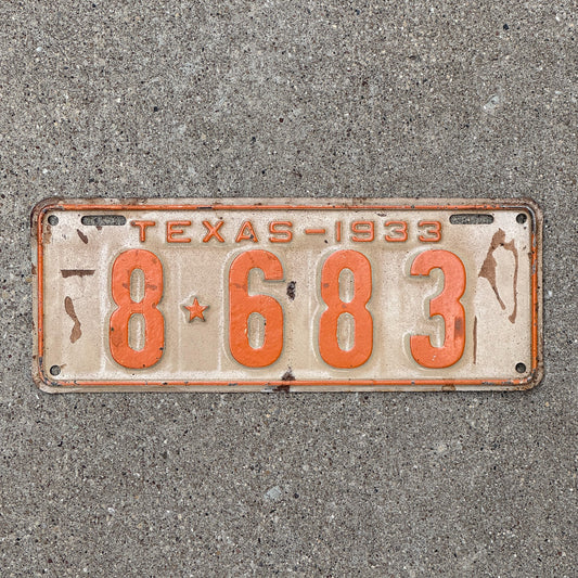 Photo of a 1933 Texas License Plate Auto Tag Garage Decor Vintage Low Number Four Digit 8 683 with original patina