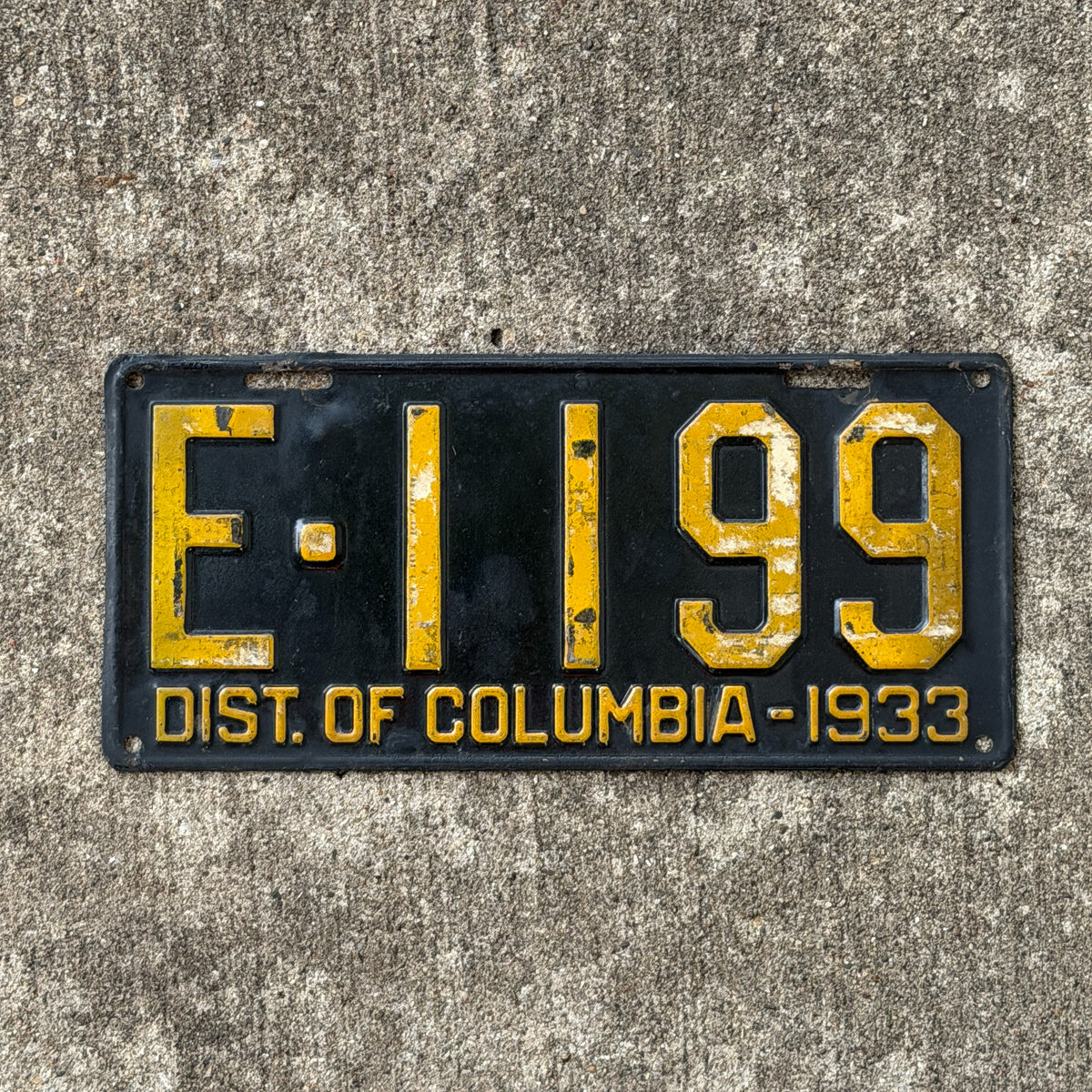 Photo of a 1933 Washington DC License Plate Auto Tag Garage Decor Vintage E 1199 with original patina