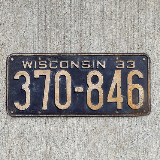 Photo of a 1933 Wisconsin License Plate Auto Tag Garage Decor Vintage 370 846 with original patina