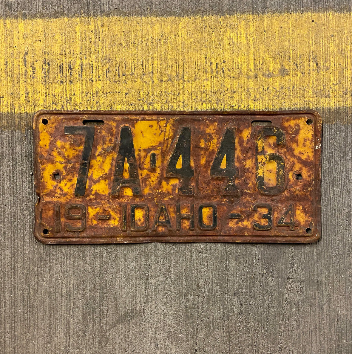 Photo of a 1934 Idaho License Plate Auto Tag Garage Decor Vintage 7A 446 with original patina