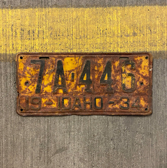 Photo of a 1934 Idaho License Plate Auto Tag Garage Decor Vintage 7A 446 with original patina