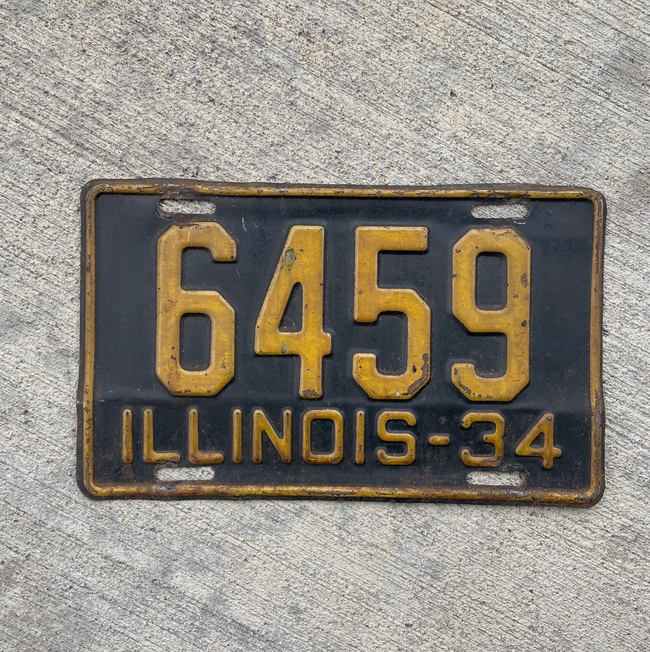 Photo of a 1934 Illinois License Plate Auto Tag Garage Decor Vintage Low Number Four Digit 6459 with original patina