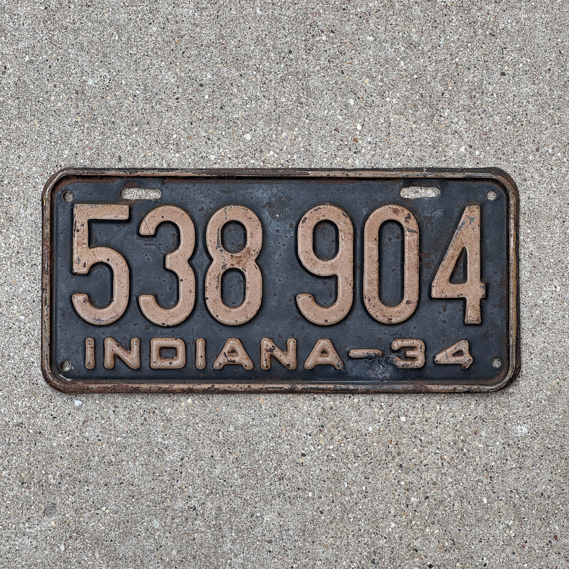 Photo of a 1934 Indiana License Plate Auto Tag Garage Decor Vintage 538 904 with original patina