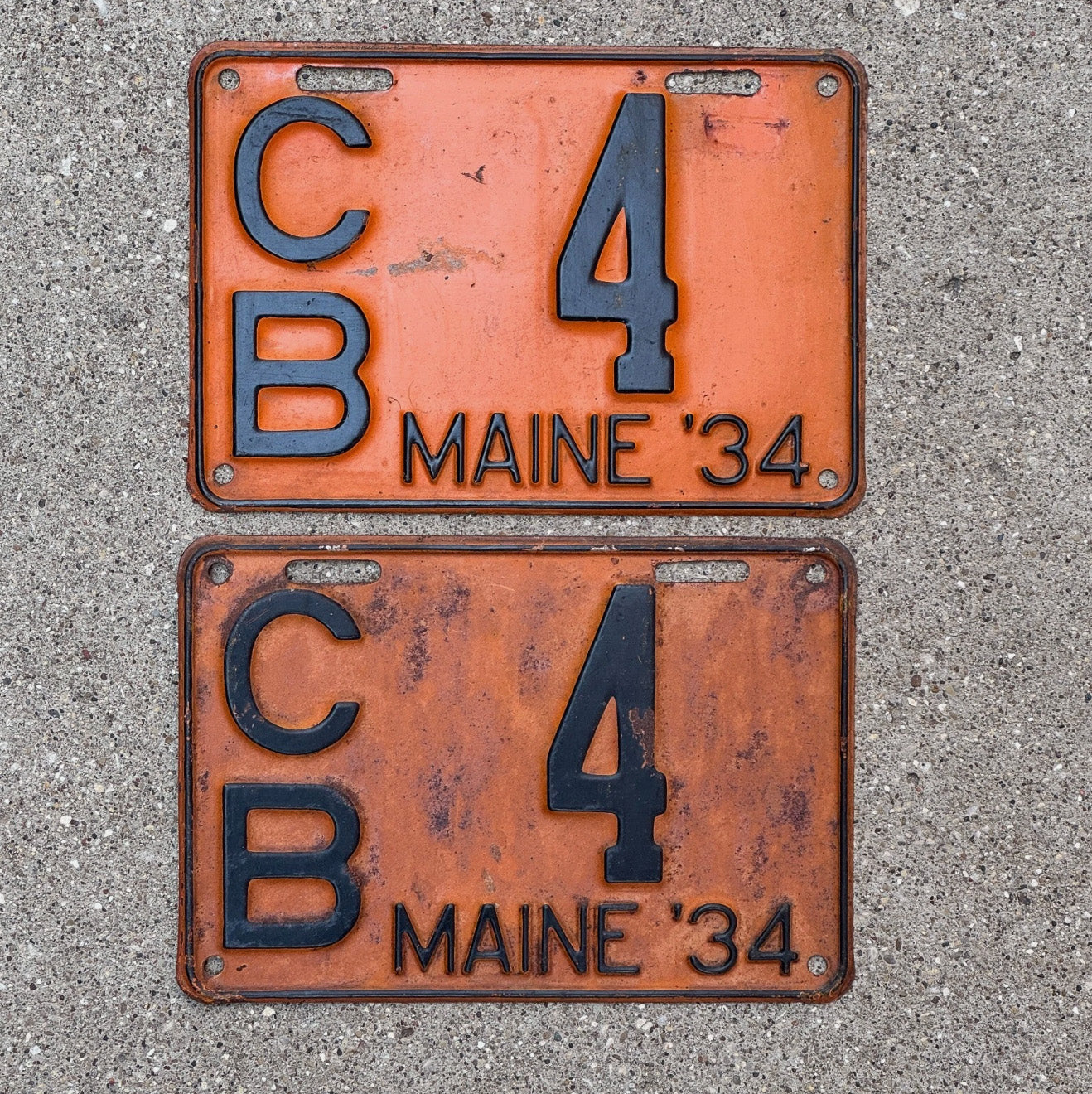 Photo of a 1934 Maine License Plate Pair Auto Tag Garage Decor Vintage CB 4 with original patina