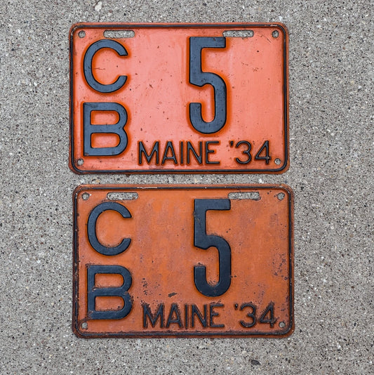 Photo of a 1934 Maine License Plate Pair Auto Tag Garage Decor Vintage CB 5 with original patina