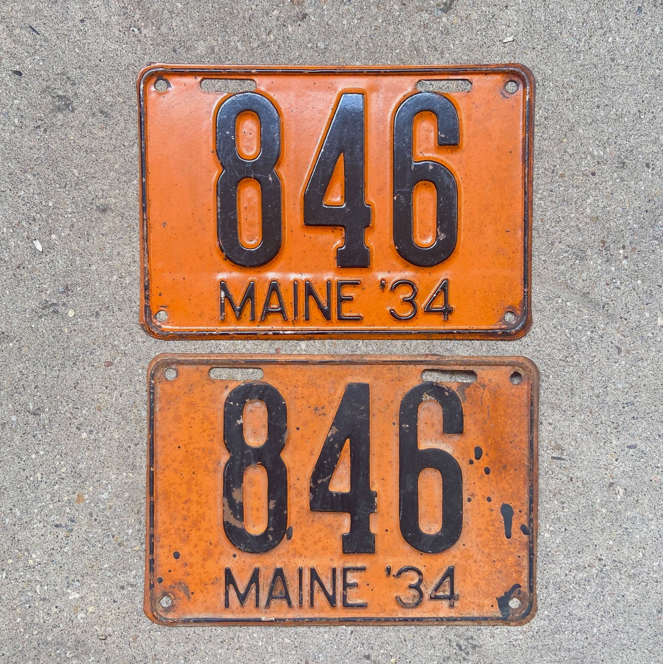 Photo of a 1934 Maine License Plate Pair Auto Tag Garage Decor Vintage Low Number Three Digit 846 with original patina
