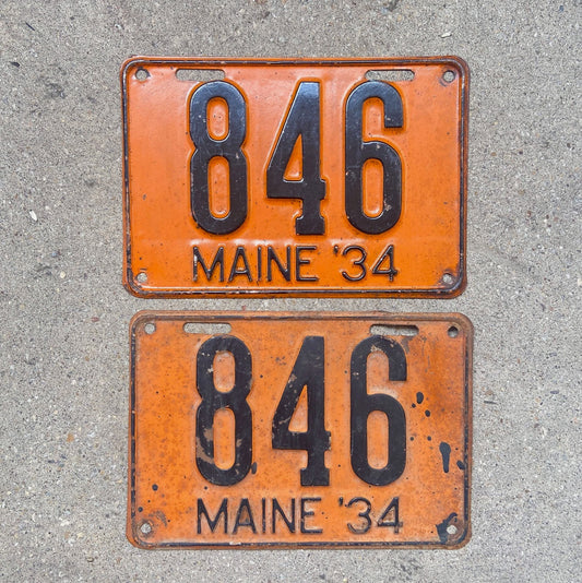 Photo of a 1934 Maine License Plate Pair Auto Tag Garage Decor Vintage Low Number Three Digit 846 with original patina