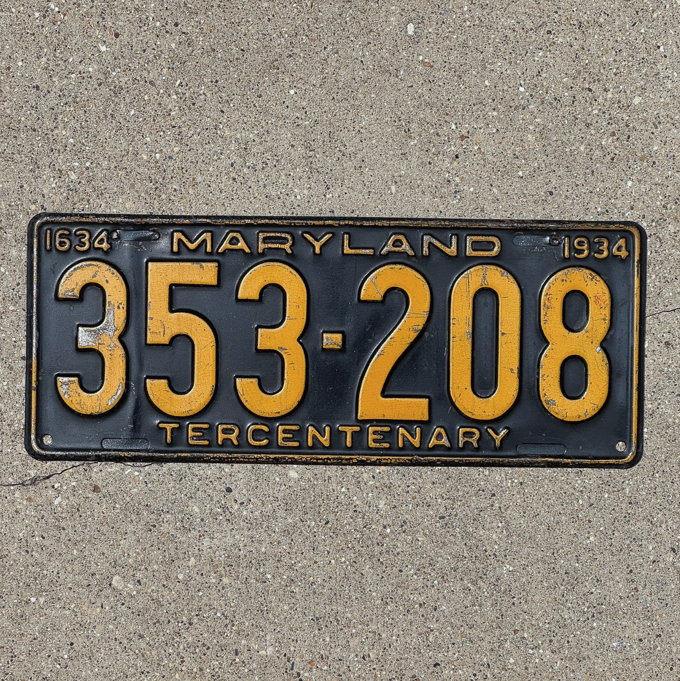 Photo of a 1934 Maryland License Plate Auto Tag Garage Decor Vintage 353 208 with original patina