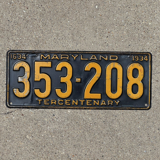 Photo of a 1934 Maryland License Plate Auto Tag Garage Decor Vintage 353 208 with original patina