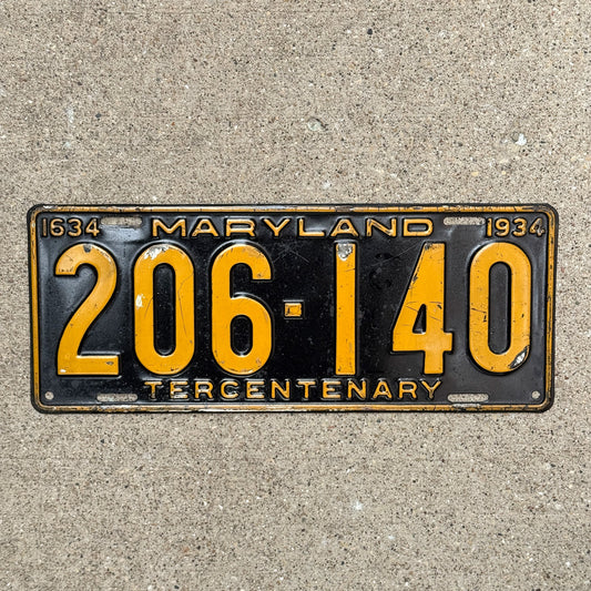 Photo of a 1934 Maryland License Plate Auto Tag Garage Decor Vintage Tercentenary 206 140 with original patina