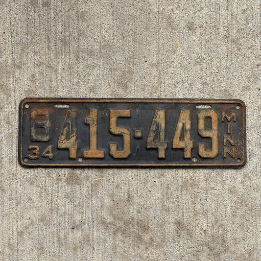 Photo of a 1934 Minnesota License Plate Auto Tag Garage Decor Vintage B 415 449 with original patina