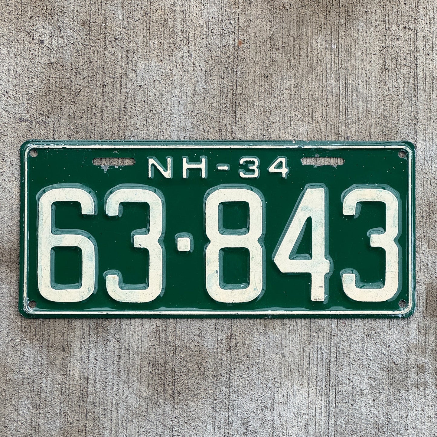 Photo of a 1934 New Hampshire License Plate Auto Tag Garage Decor Vintage High Quality 63 843 with original patina