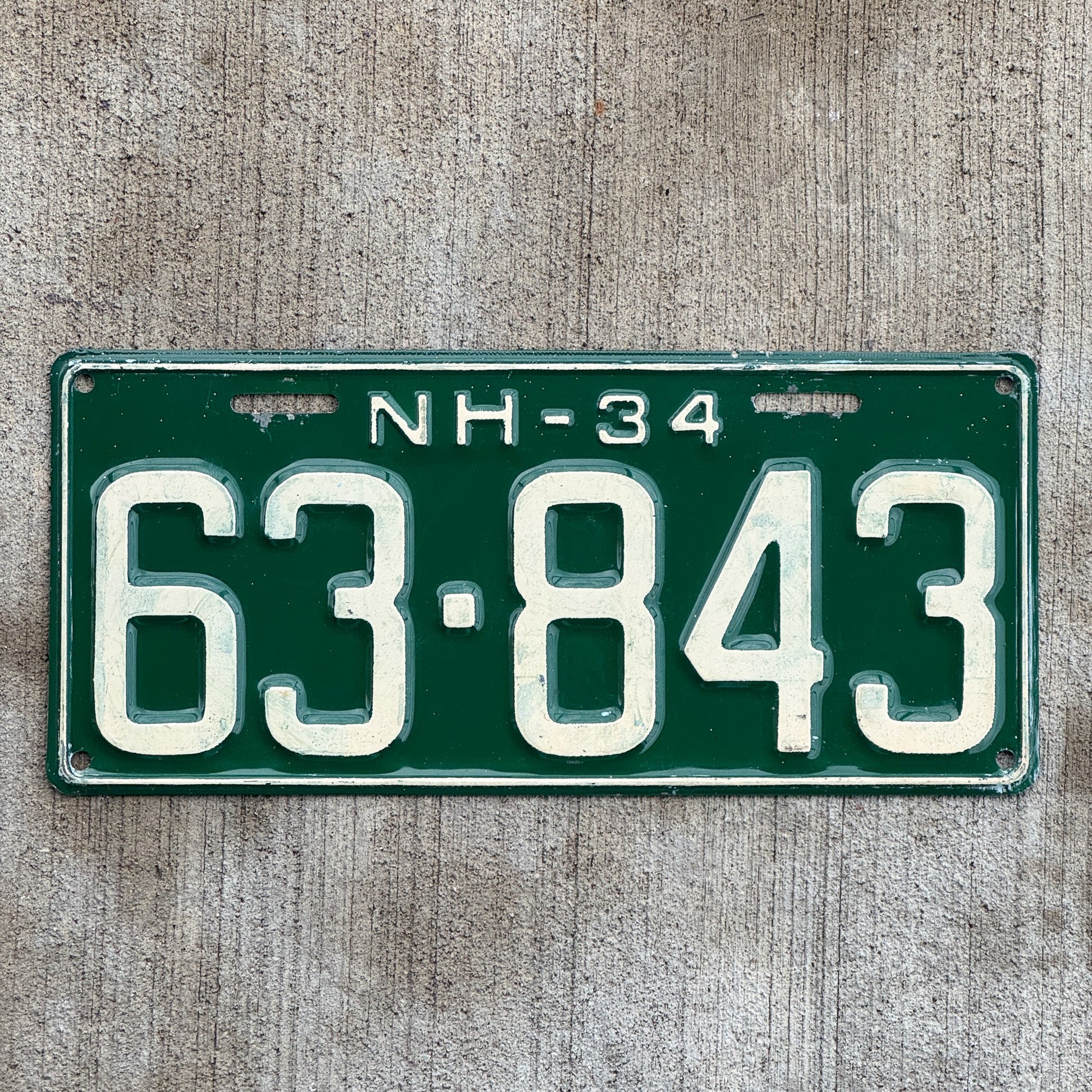 Photo of a 1934 New Hampshire License Plate Auto Tag Garage Decor Vintage High Quality 63 843 with original patina