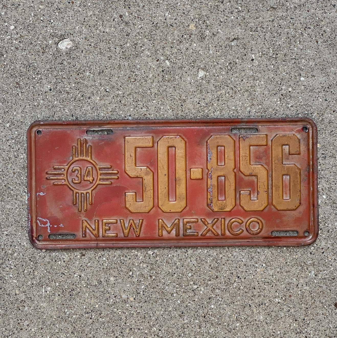 Photo of a 1934 New Mexico License Plate Auto Tag Garage Decor Vintage Zia 50 856 with original patina