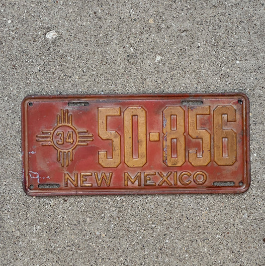 Photo of a 1934 New Mexico License Plate Auto Tag Garage Decor Vintage Zia 50 856 with original patina
