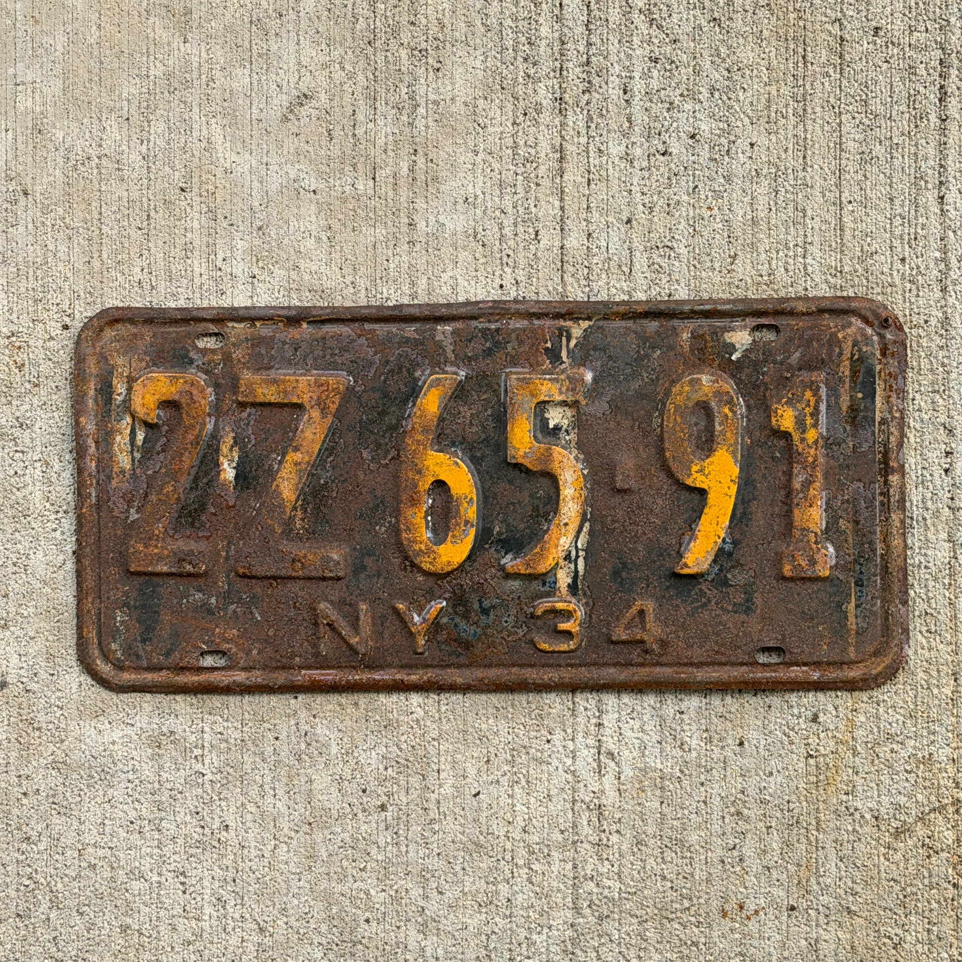 Photo of a 1934 New York License Plate Auto Tag Garage Decor Vintage 2Z 65 91 with original patina