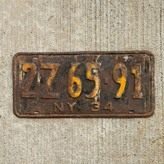 Photo of a 1934 New York License Plate Auto Tag Garage Decor Vintage 2Z 65 91 with original patina
