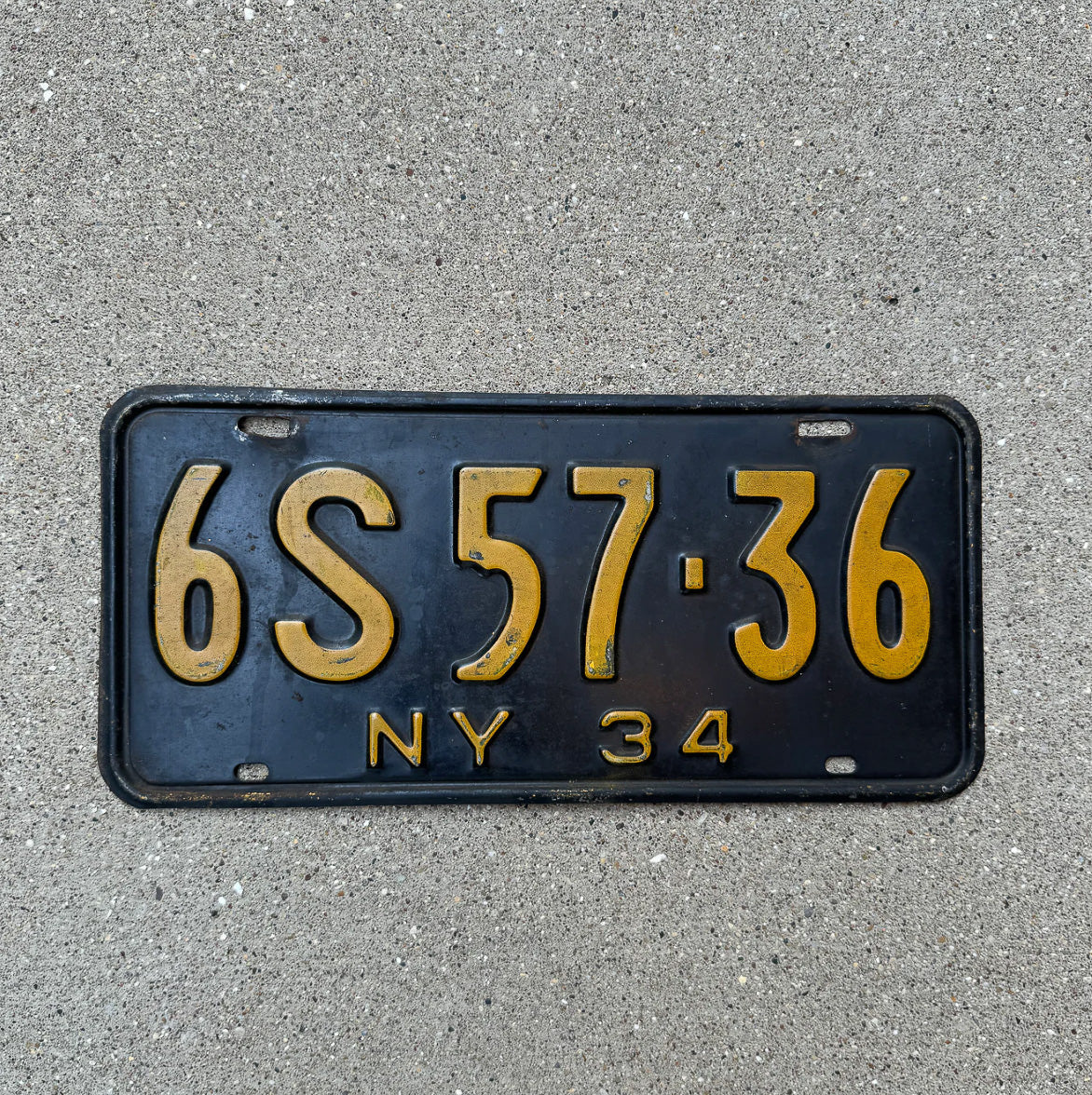 Photo of a 1934 New York License Plate Auto Tag Garage Decor Vintage 6S 57 36 with original patina