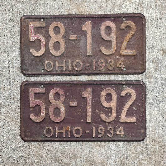 Photo of a 1934 Ohio License Plate Pair Auto Tag Garage Decor Vintage 58 192 with original patina