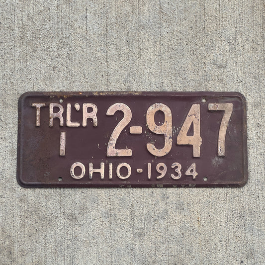 Photo of a 1934 Ohio Trailer License Plate Auto Tag Garage Decor Vintage Weight Class 1 2 947 with original patina