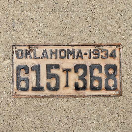 Photo of a 1934 Oklahoma Truck License Plate Auto Tag Garage Decor Vintage 615 T 368 with original patina