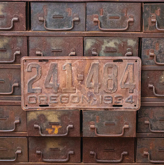 Photo of a 1934 Oregon License Plate Auto Tag Garage Decor Vintage 241 484 with original patina