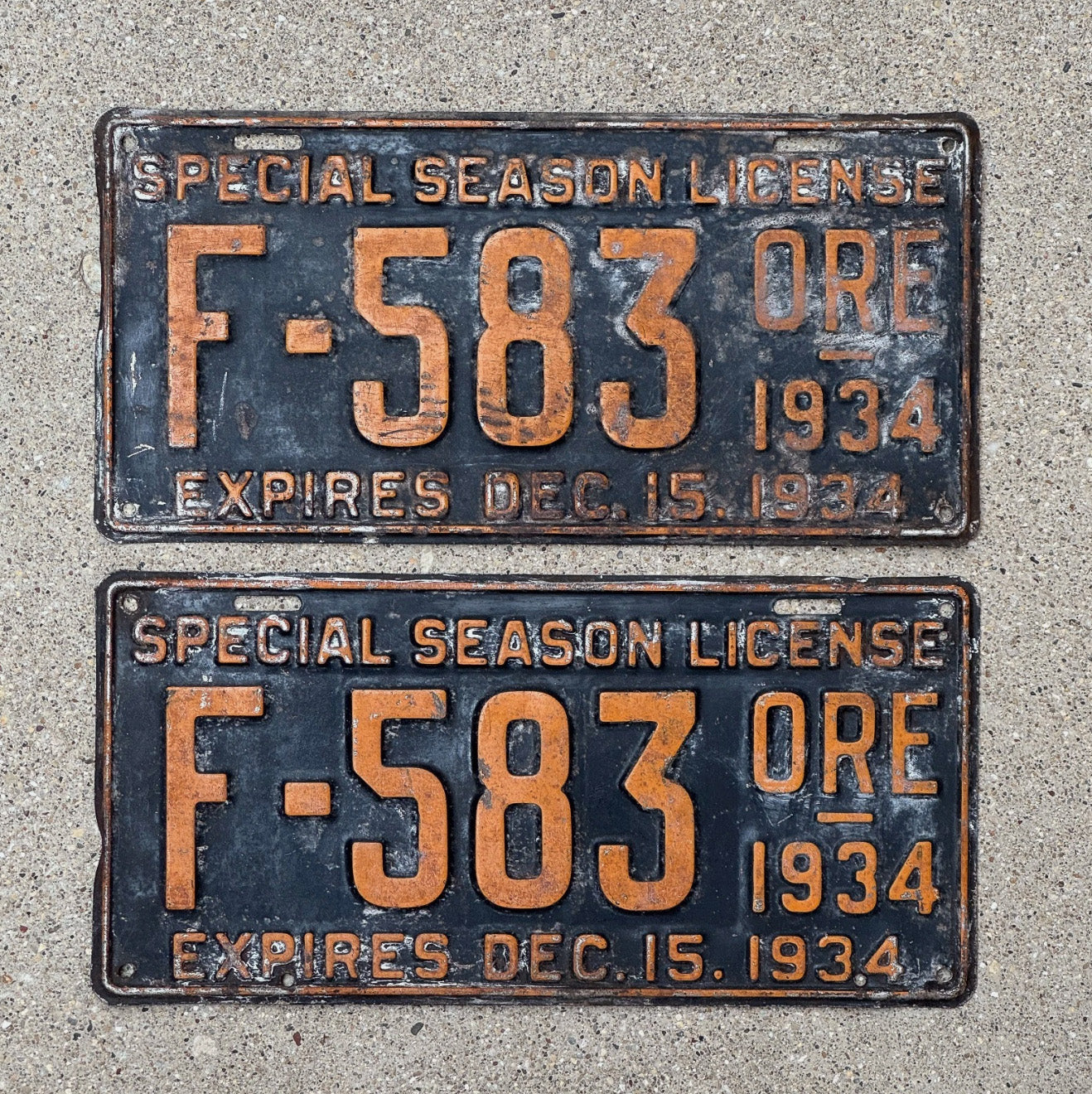 Photo of a 1934 Oregon Special Season License Plate Pair Auto Tag Garage Decor Vintage F 583 with original patina