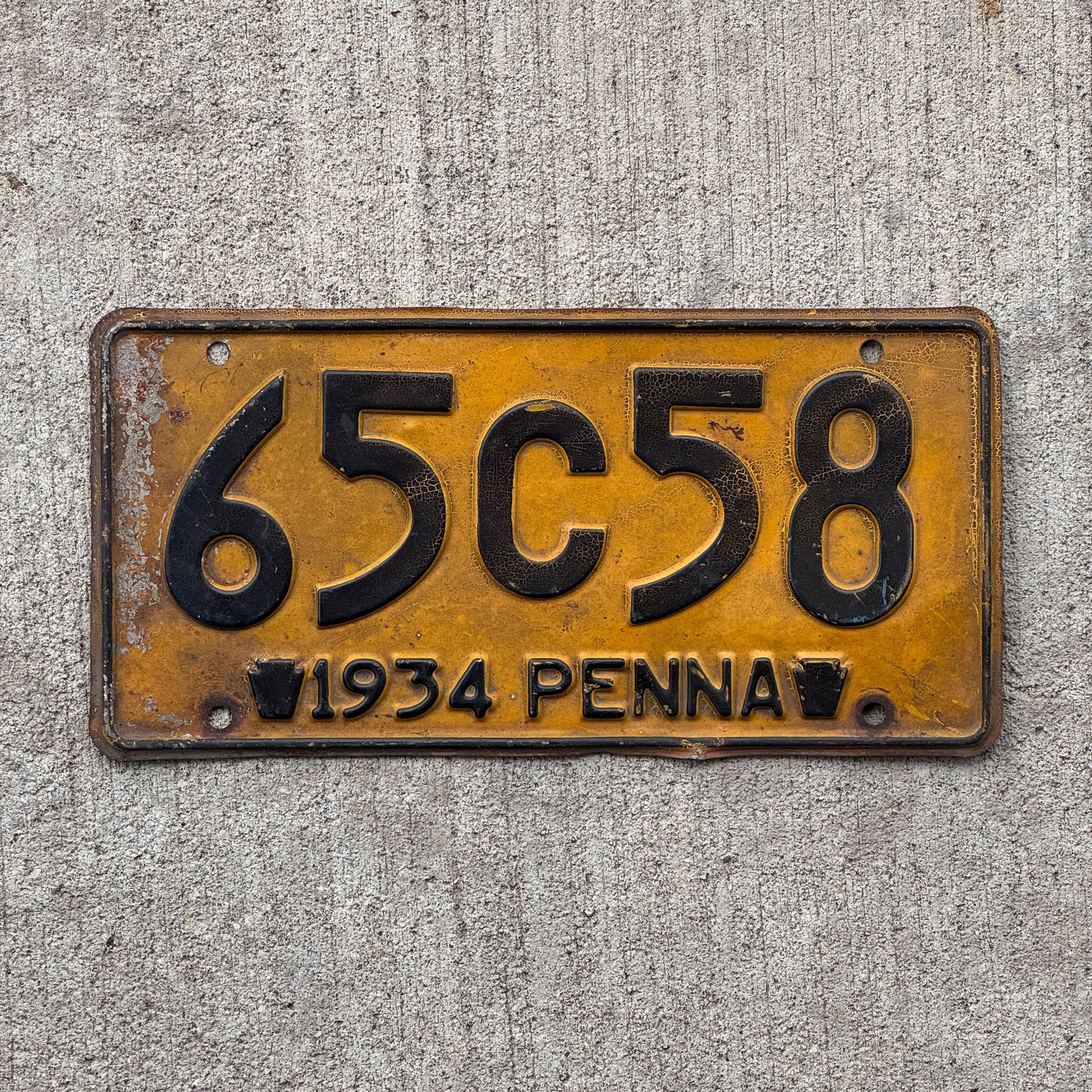 Photo of a 1934 Pennsylvania License Plate Auto Tag Garage Decor Vintage 65 C 58
