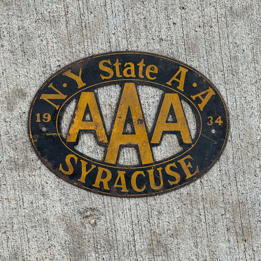 Photo of a 1934 Syracuse New York Badge Emblem License Plate Topper Auto Tag Garage Decor Vintage AAA with original patina