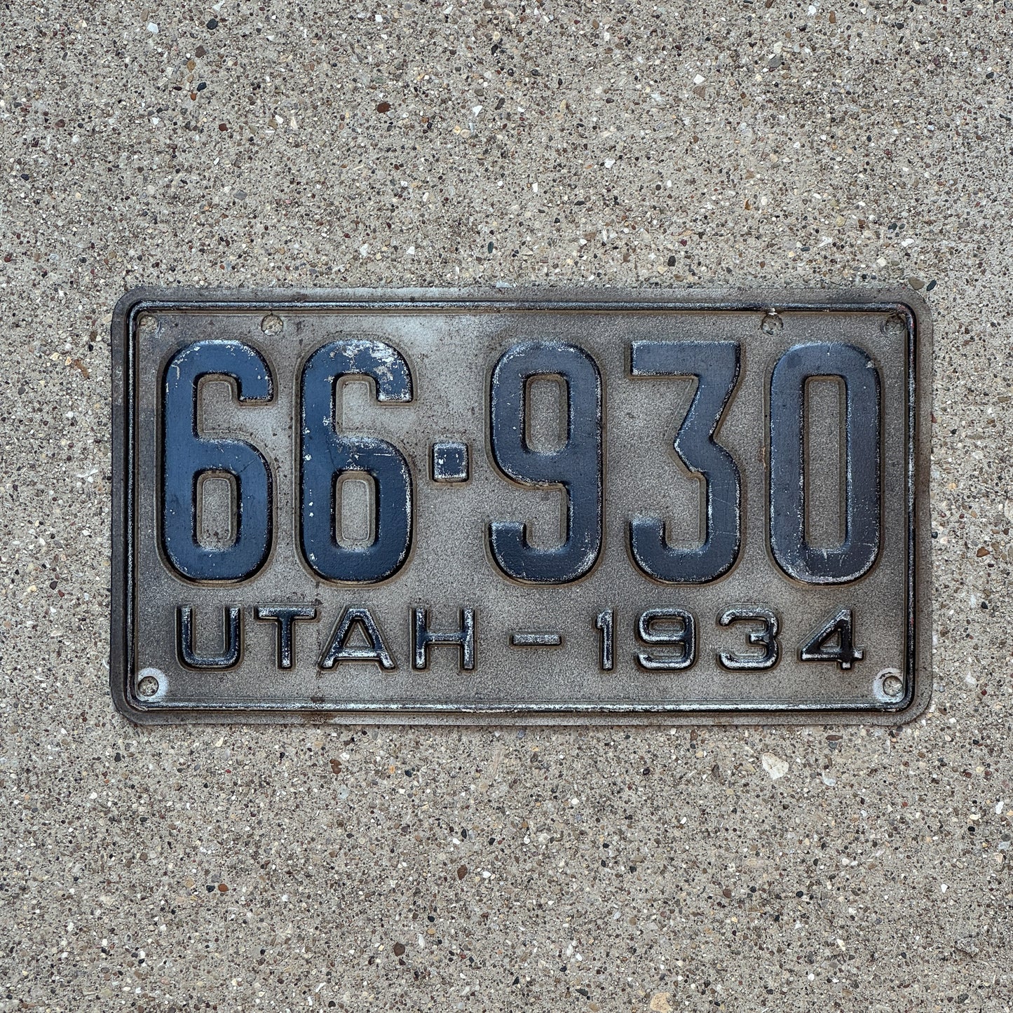Photo of a 1934 Utah License Plate Auto Tag Garage Decor Vintage 66 930 with original patina