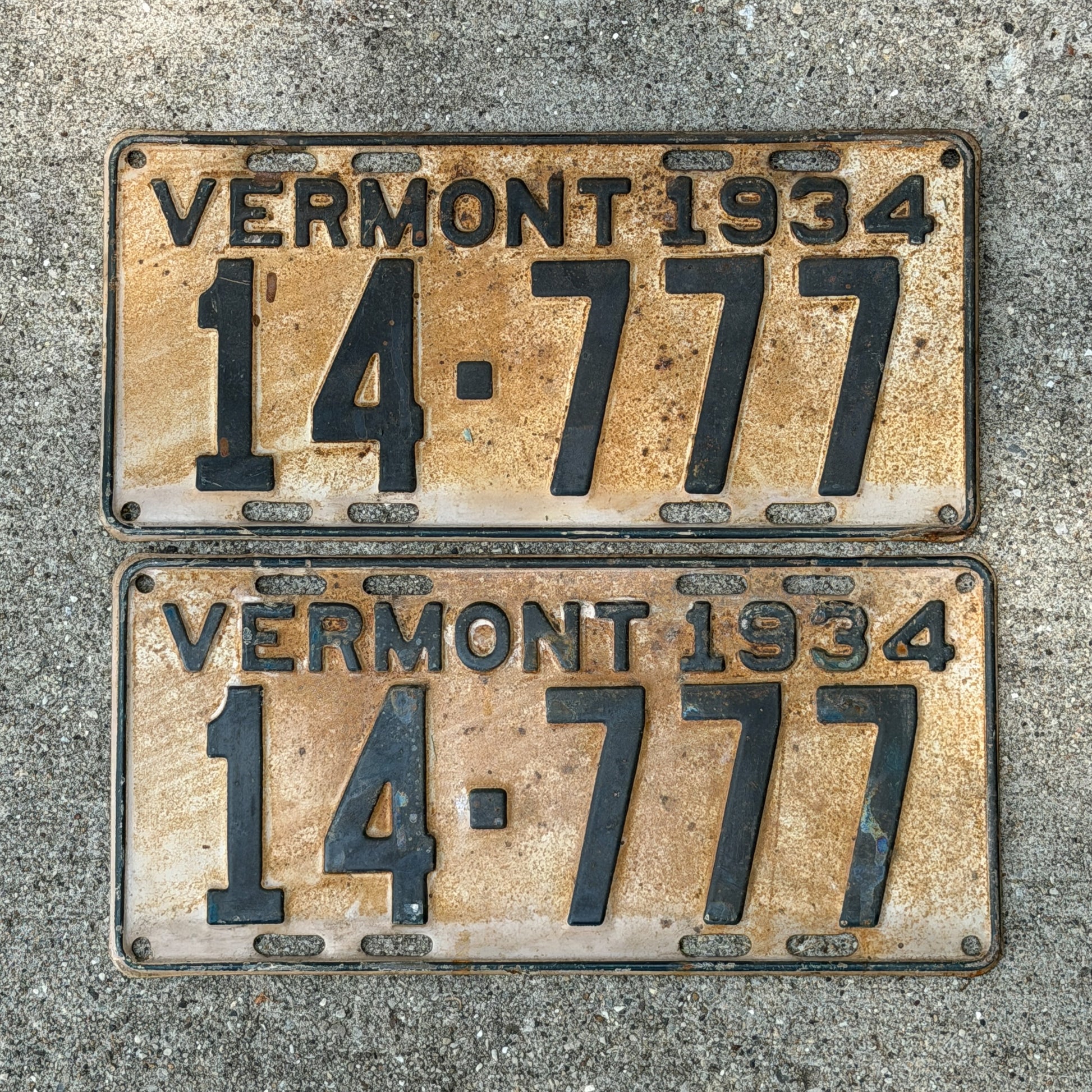 Photo of a 1934 Vermont License Plate Pair Auto Tag Garage Decor Vintage Lucky 7 Repeat Repeating 14 777 with original patina