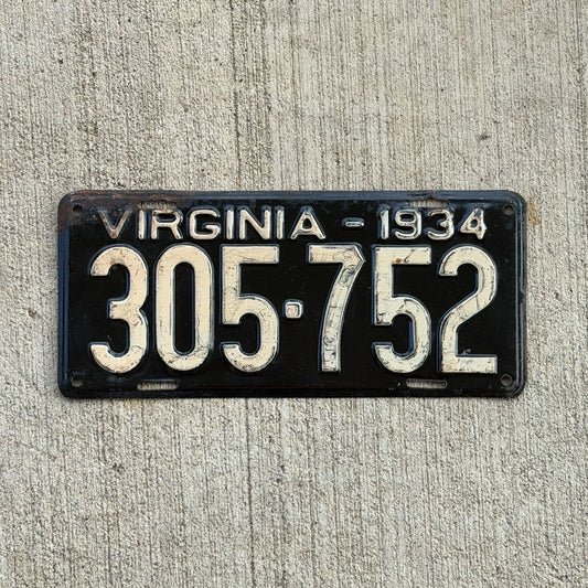 Photo of a 1934 Virginia License Plate Auto Tag Garage Decor Vintage 305 752 with original patina