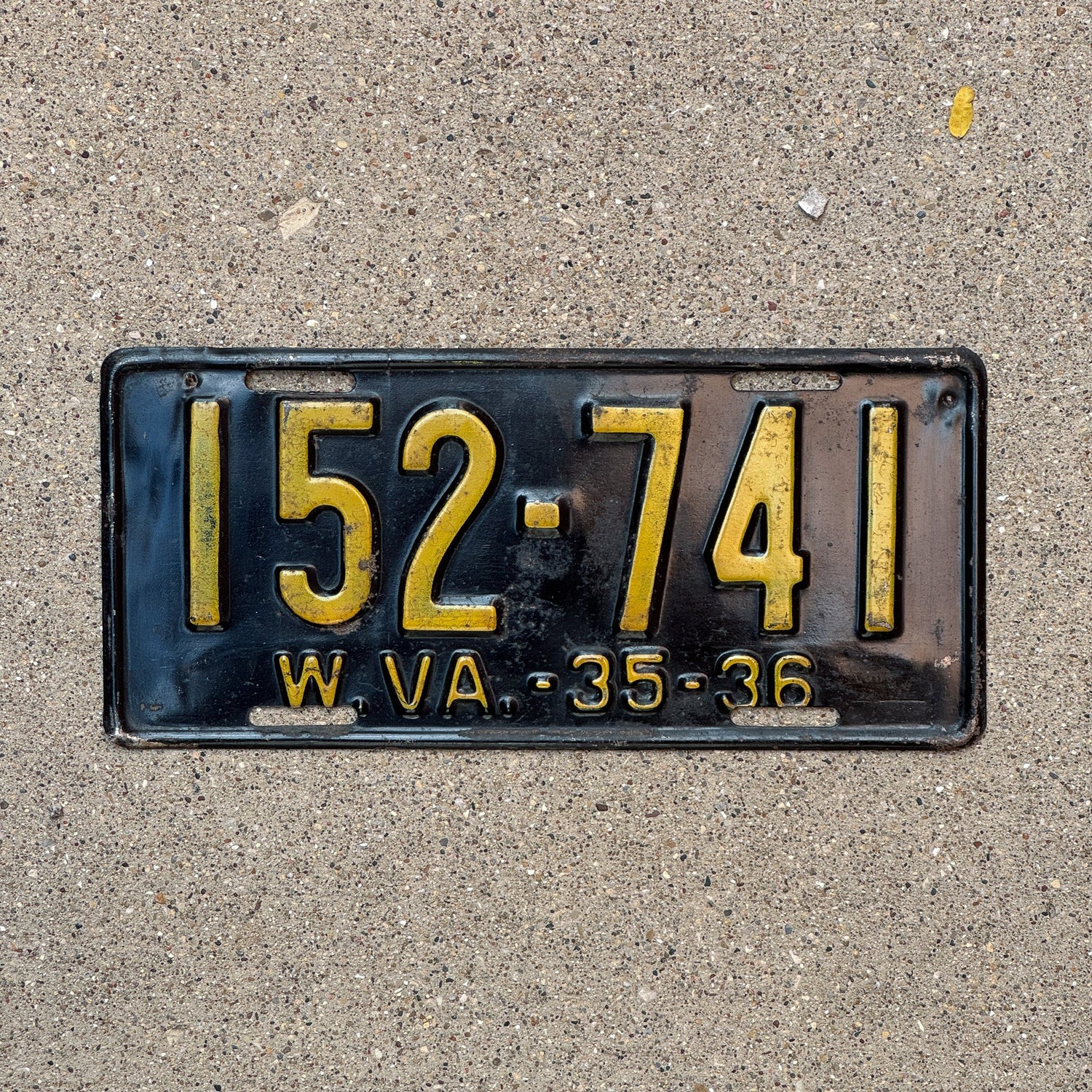 Photo of a 1935 1936 West Virginia License Plate Auto Tag Garage Decor Vintage 152 741 with original patina