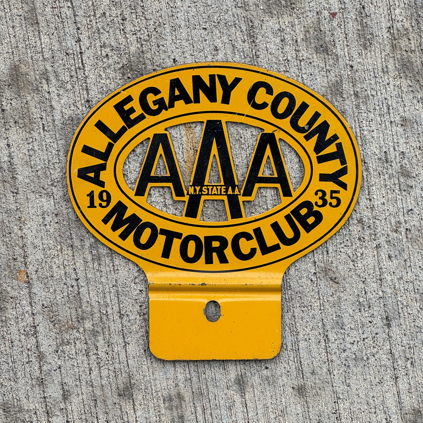Photo of a 1935 Allegany County New York License Plate Topper Auto Tag Garage Decor Vintage AAA Motor Club with original patina