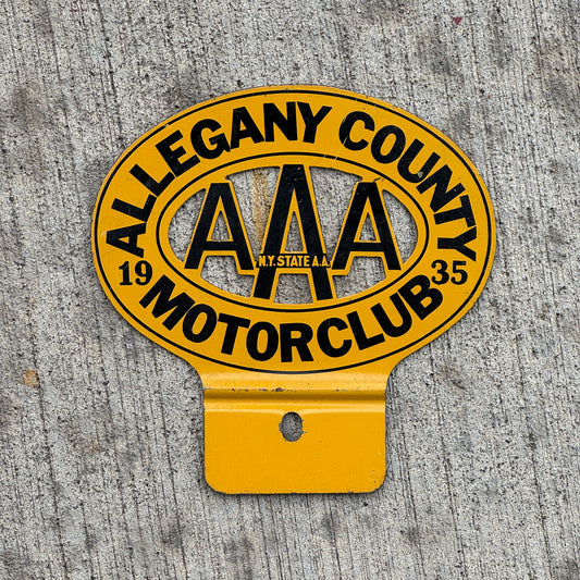 Photo of a 1935 Allegany County New York License Plate Topper Auto Tag Garage Decor Vintage AAA Motor Club with original patina