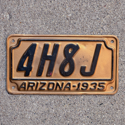 Photo of a 1935 Arizona License Plate Auto Tag Garage Decor Vintage Maricopa County 4H8J with original patina