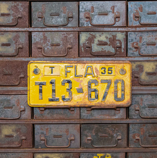 Photo of a 1935 Florida License Plate Auto Tag Garage Decor Vintage T 13 670 with original patina