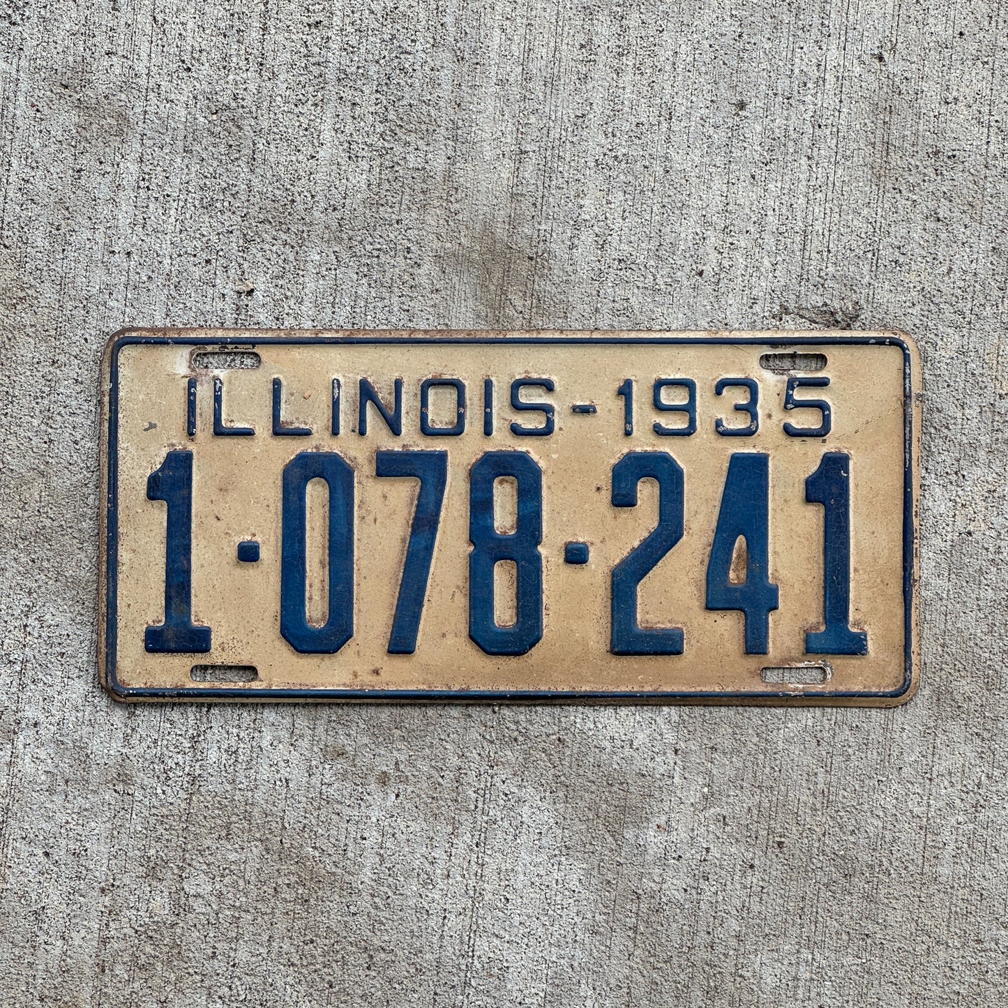 Photo of a 1935 Illinois License Plate Auto Tag Garage Decor Vintage 1 078 241 with original patina