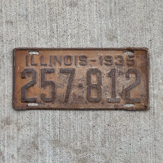 Photo of a 1935 Illinois License Plate Auto Tag Garage Decor Vintage 257 812 with original patina