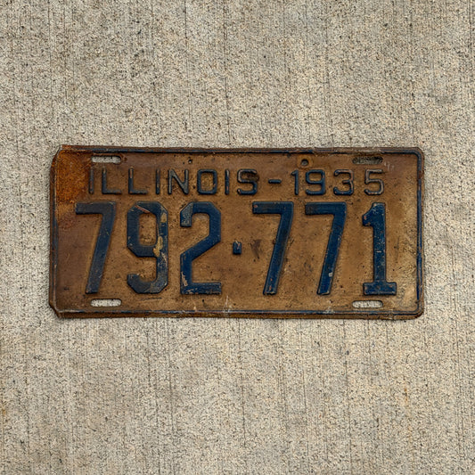 Photo of a 1935 Illinois License Plate Auto Tag Garage Decor Vintage 792 771 with original patina