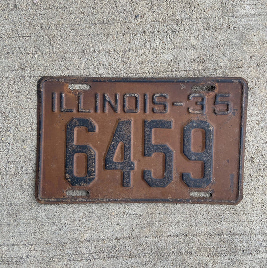 Photo of a 1935 Illinois License Plate Auto Tag Garage Decor Vintage Low Number Four Digit 6459 with original patina