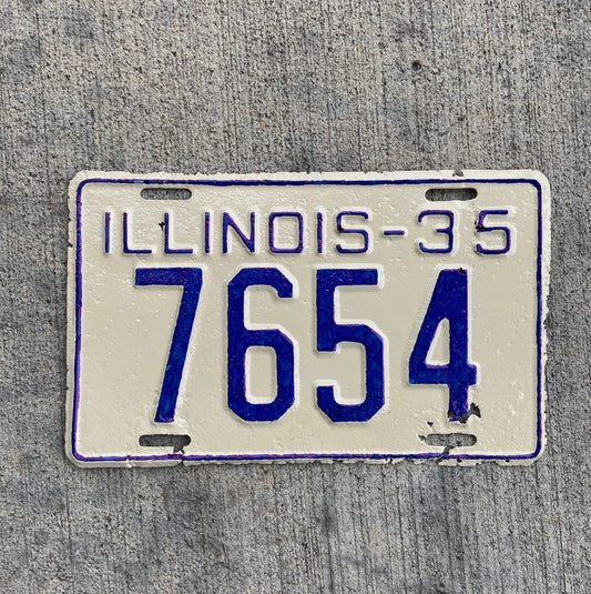 Photo of a 1935 Illinois License Plate Auto Tag Garage Decor Vintage Low Number Four Digit 7654 with original patina