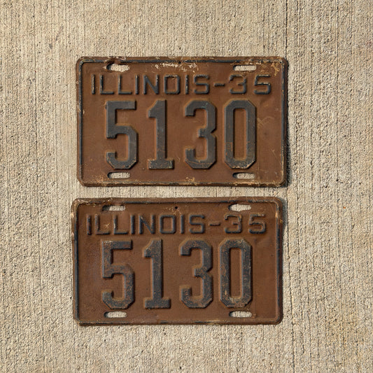 Photo of a 1935 Illinois License Plate Pair Auto Tag Garage Decor Vintage Low Number Four Digit 5130 with original patina