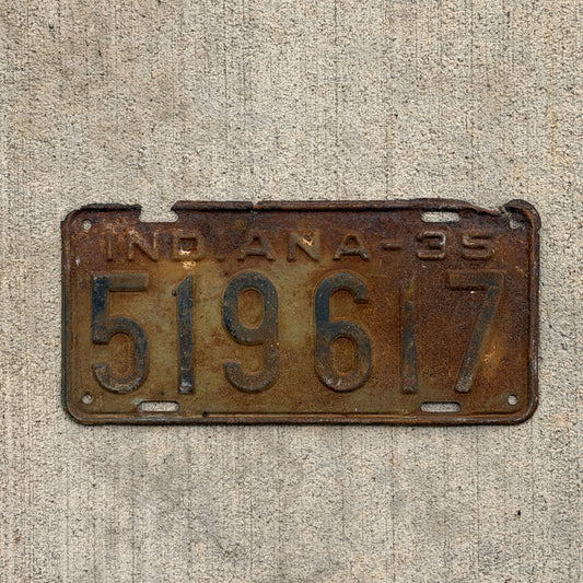 Photo of a 1935 Indiana License Plate Auto Tag Garage Decor Vintage 519 617 with original patina