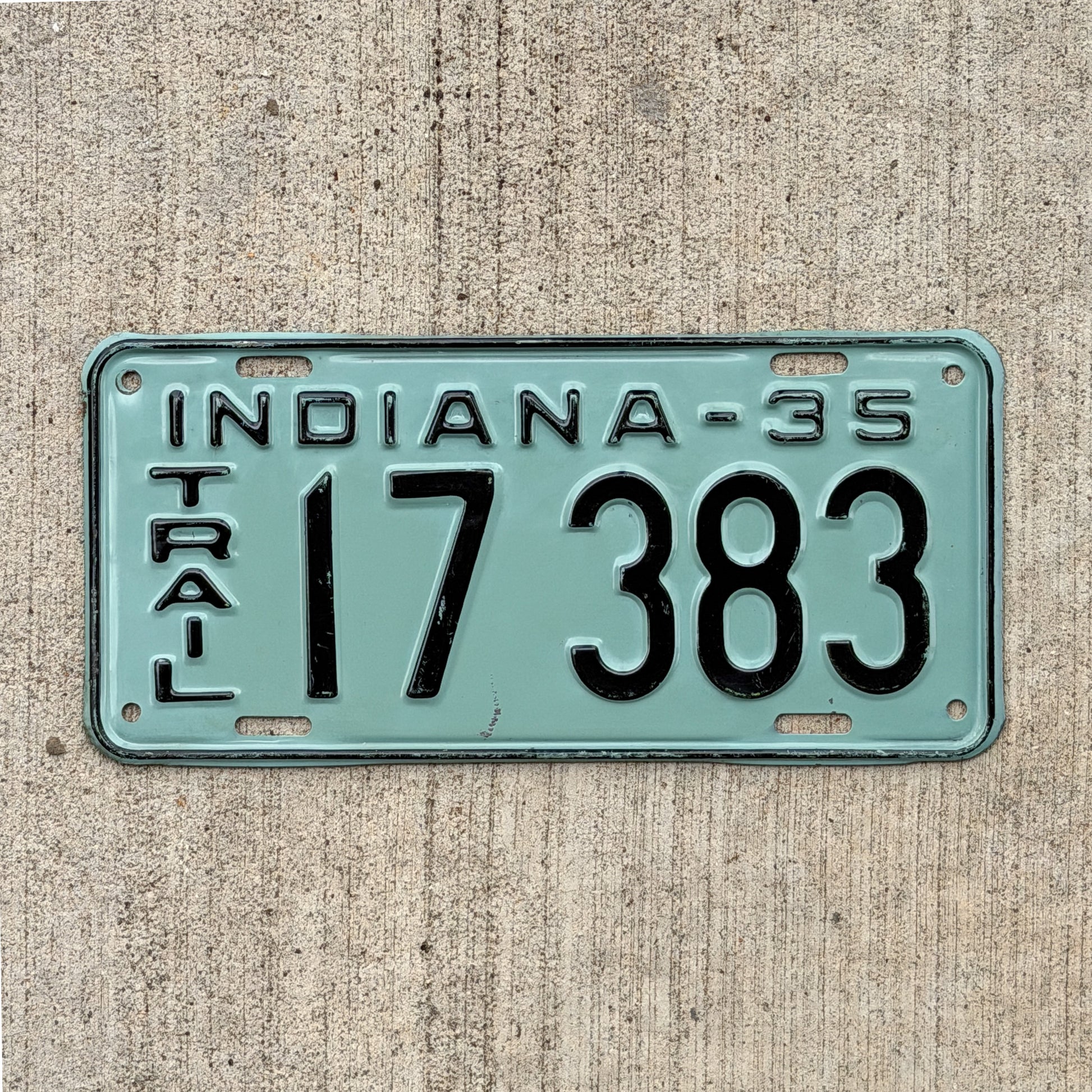 Photo of a 1935 Indiana Trailer License Plate Auto Tag Garage Decor Vintage High Quality 17 383 with original patina