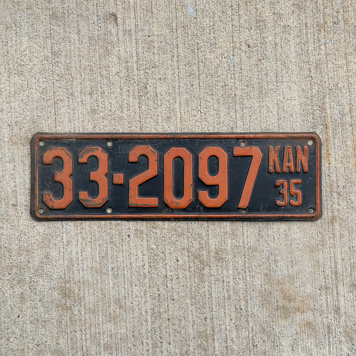Photo of a 1935 Kansas License Plate Auto Tag Garage Decor Vintage 33 2097 with original patina