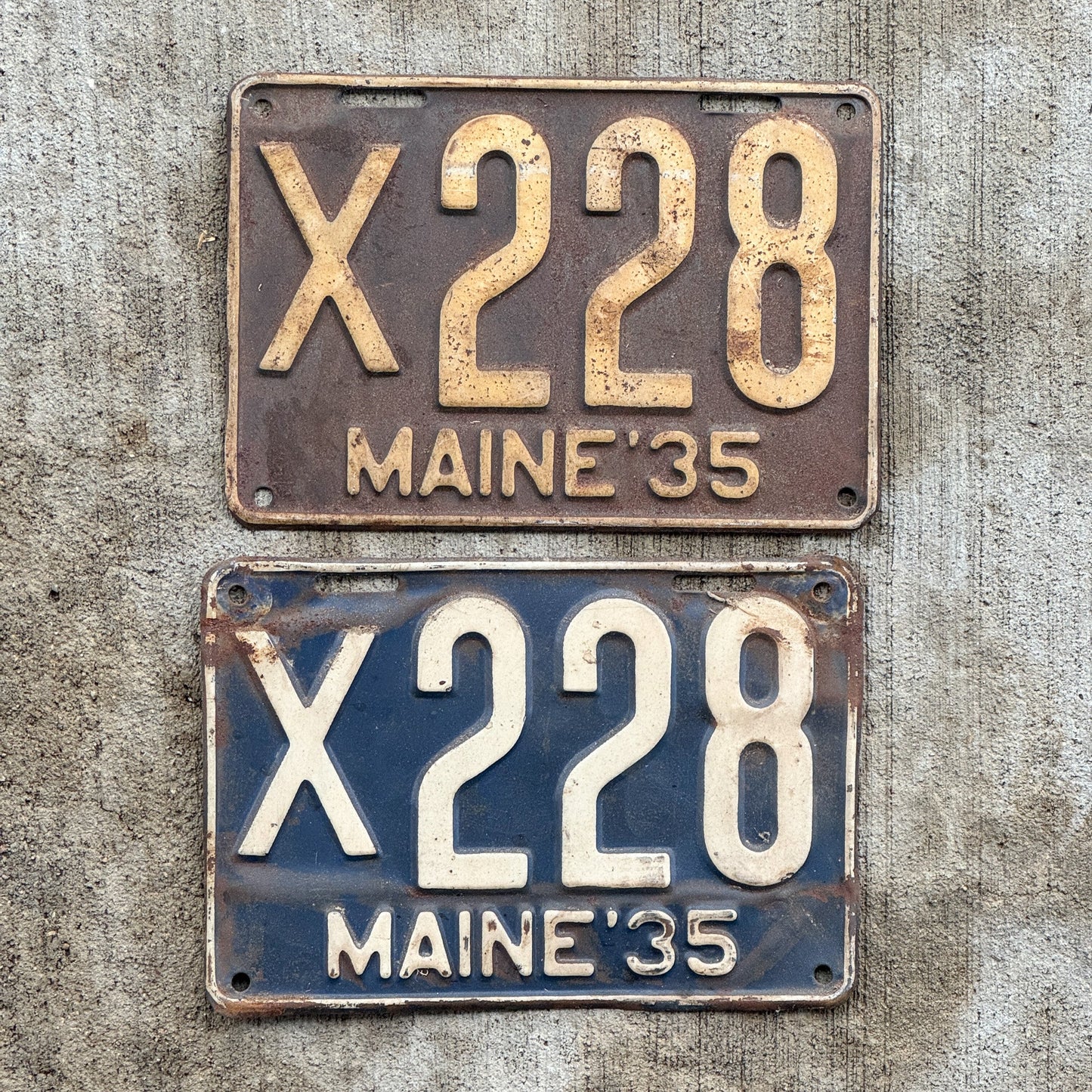 Photo of a 1935 Maine Commercial License Plate Pair Auto Tag Garage Decor Vintage Low Number Three Digit X 228 with original patina